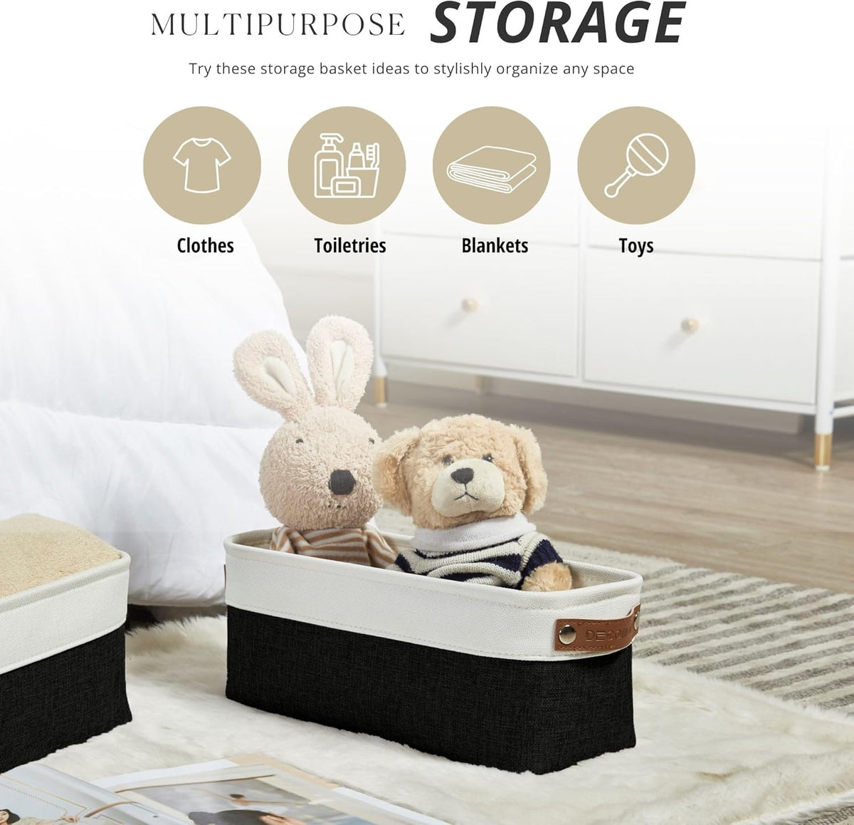 DECOMOMO Storage Bins, Large Fabric Storage Baskets for Shelves, Decorative Linen Closet Organizer, 15 x 11 x 9.5 inches (Beige & White, 3 Pack)