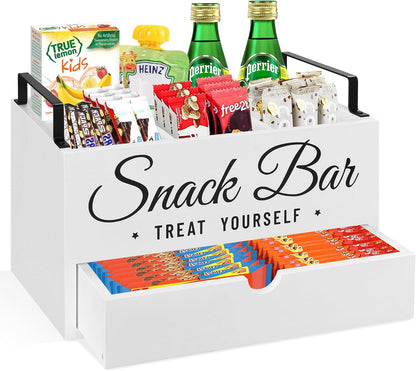 Snack Organizer for Countertop, Wood Pantry Storage Bins with Handles, Snack Bar Organizer for Kitchen, Office, 4 Compartment Food Container Snack Box with Drawer, Pantry Organizer for Chips, Candy