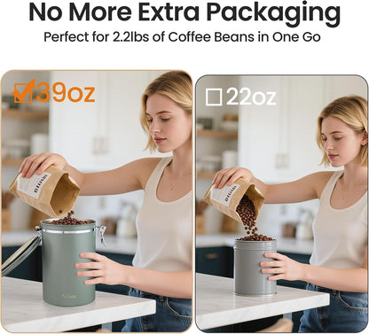 Veken Coffee Canister, 39OZ Large, Mothers Day Gifts For Women, Airtight Stainless Steel Food Storage Container for 2.2lbs Coffee Beans, Ground, Sugar, Tea, Flour, Cereal,Kitchen Bar Accessories,Cream
