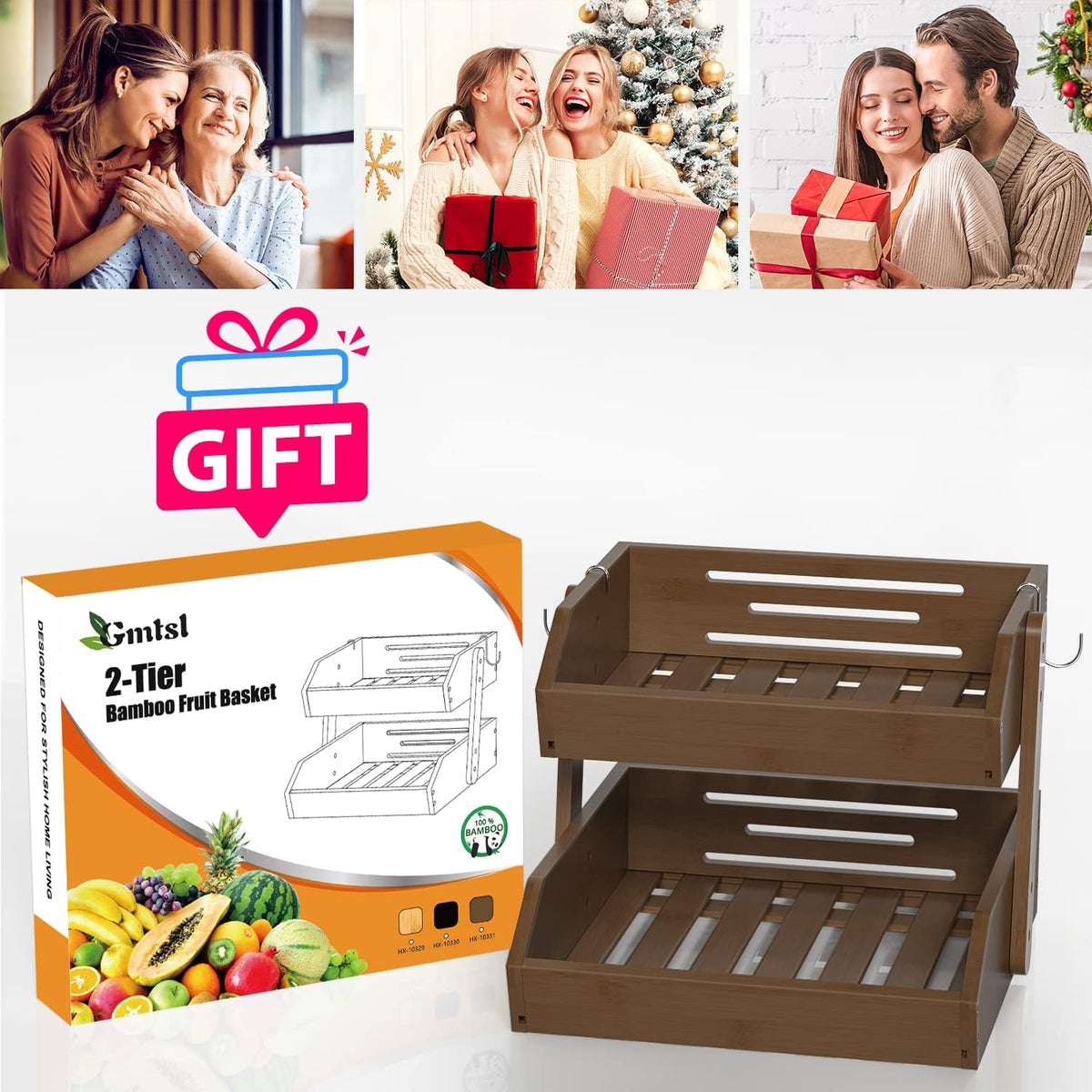 Gmtsl Bamboo Fruit Basket for Kitchen – 3 Tier Fruit Bowl For Kitchen Counter, Large Fruit Holder With 2 Banana Hangers, Idea For Fruit and Vegetable Storage, Bread Basket, Snack Organizer(BLACK)