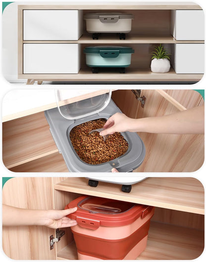 ANVS Airtight Collapsible Pet Food Container With Casters, Scoop and Small Container - Keeps Up To 20lbs Dry Dog Food Fresh (Grey)