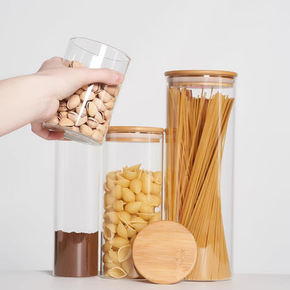 SHOWIN Glass Food Storage Jars Square 37oz, 4 Pack Glass Jars With Bamboo Lids, Kitchen Storage Containers For Spice, Candy, Cookie, Storage For Pantry Organizers