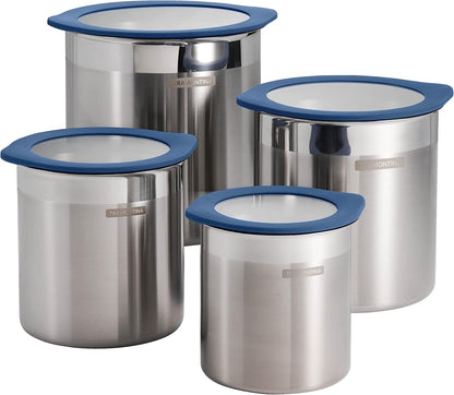 Tramontina 4-Piece Food Storage Containers with Silicone Lids, Stainless Steel Reusable Canister Set, Kitchen Pantry Organizer for Oats, Flour, Cereal, Sugar, Snacks (Blue)