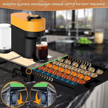Vertuo Pod Holder Drawer with Deluxe Black Tempered Glass Top, Compatible for Nespresso VertuoLine Pods, Holds up to 75 Small or 50 Big Vertuo Pods Compact Design (Piano Black Nespresso Pods Holder)