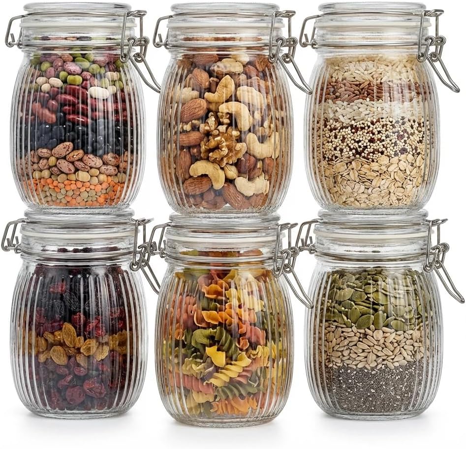 17oz Airtight Glass Jars, 6 Pack Clamp Lid Canisters, Small Food Storage Containers for Spices, Nuts, Snacks, Canning Jar for Jams & Pickling, Pantry Organization