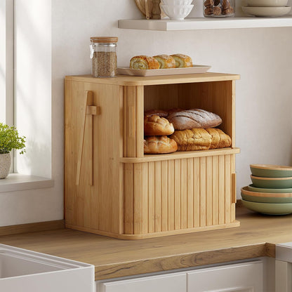 WOWLIVE Bread Box for Kitchen Countertop, Large Roll Top Bread Boxes with Sliding Door, Airtight Bread Storage Container for Loaves, Pastries & Bagels, Bamboo Counter Organizer (Natural, Medium)