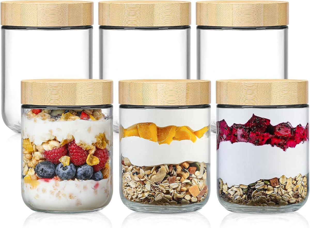 NETANY 4-pack 16oz Glass jars with Airtight Lids, Overnight Oats Containers with Bamboo Lids, Wide mouth Mason Salad jars, Glass Food Storage Containers for Snacks Yogurt Spice Sugar