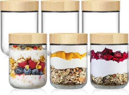 NETANY 4-pack 16oz Glass jars with Airtight Lids, Overnight Oats Containers with Bamboo Lids, Wide mouth Mason Salad jars, Glass Food Storage Containers for Snacks Yogurt Spice Sugar