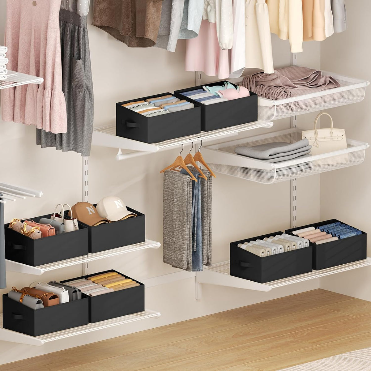 DIMJ Closet Storage Bins - Fabric Storage Baskets for Shelves, Collapsible Closet Organizers and Storage with Handles, Trapezoid Shelf Organization Storage Cubes for Purse, Toys, Books, Towel, Socks