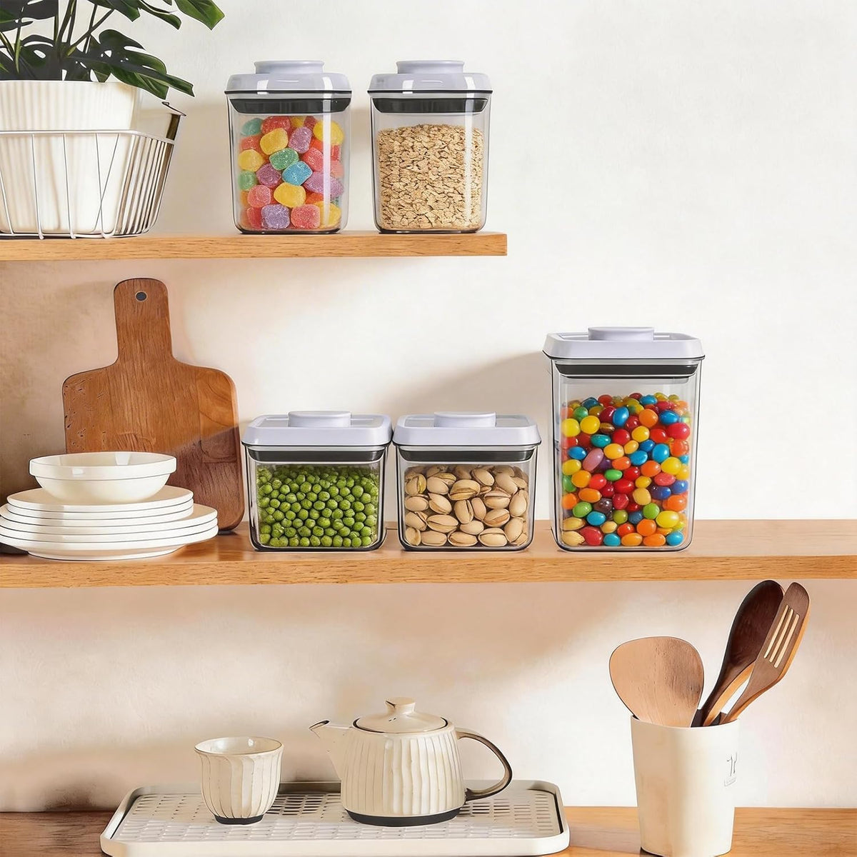 Pop Airtight Food Storage Containers with Lids, Push Button Seal BPA-Free for Kitchen Pantry Organization, 0.65Qt/0.7Qt/1.8Qt for Cereal, Flour, Sugar, Snacks Dry Food Storage