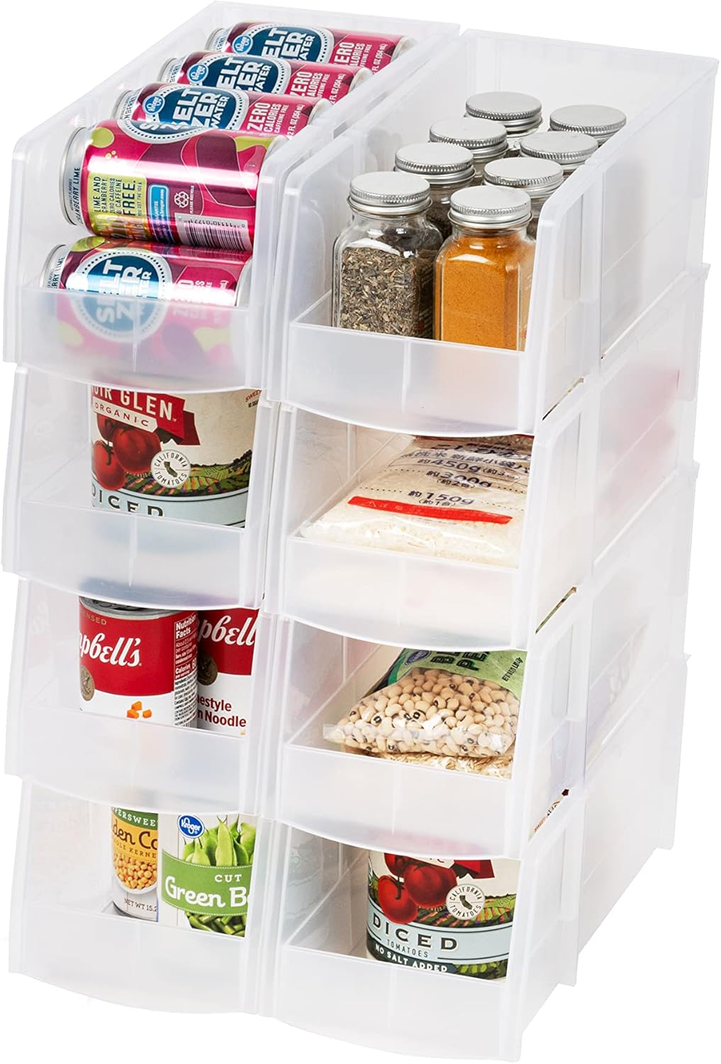 IRIS USA Clear Plastic Stackable Storage Bins, Large-, Open Front Fridge Pantry Kitchen Closet Cabinet Bathroom Organizer Basket for Organizing Snack, Cans, Office Supplies, and Coffee Pods