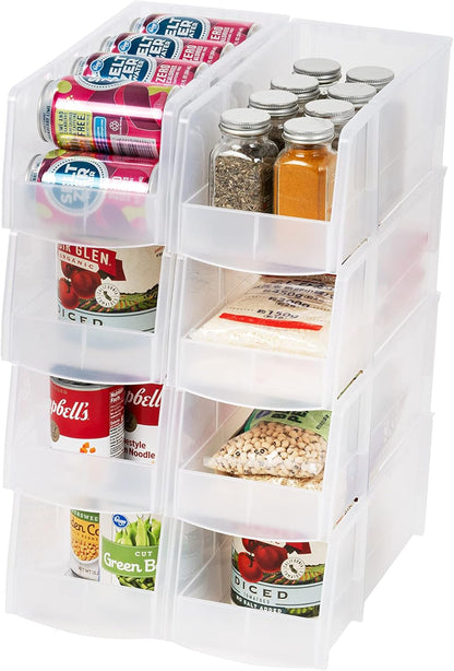 IRIS USA Clear Plastic Stackable Storage Bins, Large-, Open Front Fridge Pantry Kitchen Closet Cabinet Bathroom Organizer Basket for Organizing Snack, Cans, Office Supplies, and Coffee Pods