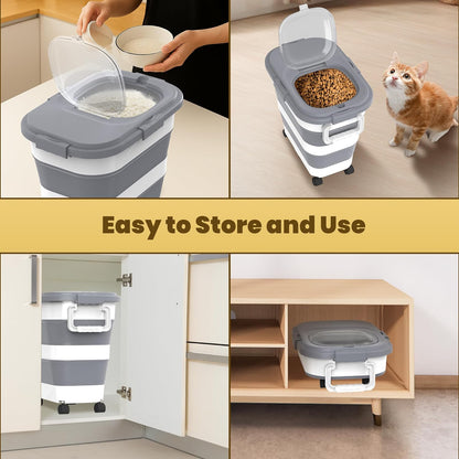 HOYTAMDA 20-30Lbs Rice Container,Collapsible Airtight Food Storage Containers with Wheels,Handle,Rice Storage Container with Small Bin and Scoop,Rice Dispenser for Flour Sugar Cereal Grain Dog Cat