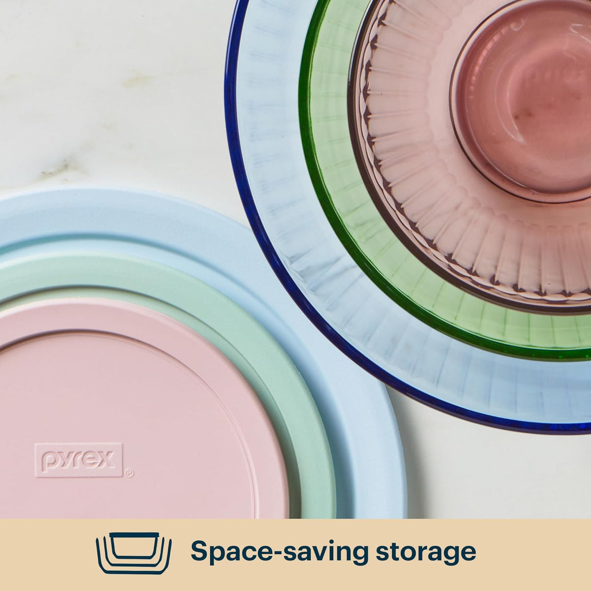 Pyrex Colors Tinted (Full Set) Sculpted Tinted Glass Mixing Bowls With Plastic Lids, Nesting Space Saving Set of Bowls For Prepping and Baking, 1.3QT, 2.3QT & 4.5QT