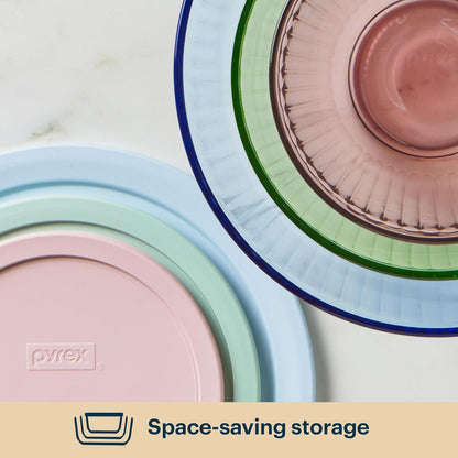 Pyrex Colors Tinted (Full Set) Sculpted Tinted Glass Mixing Bowls With Plastic Lids, Nesting Space Saving Set of Bowls For Prepping and Baking, 1.3QT, 2.3QT & 4.5QT