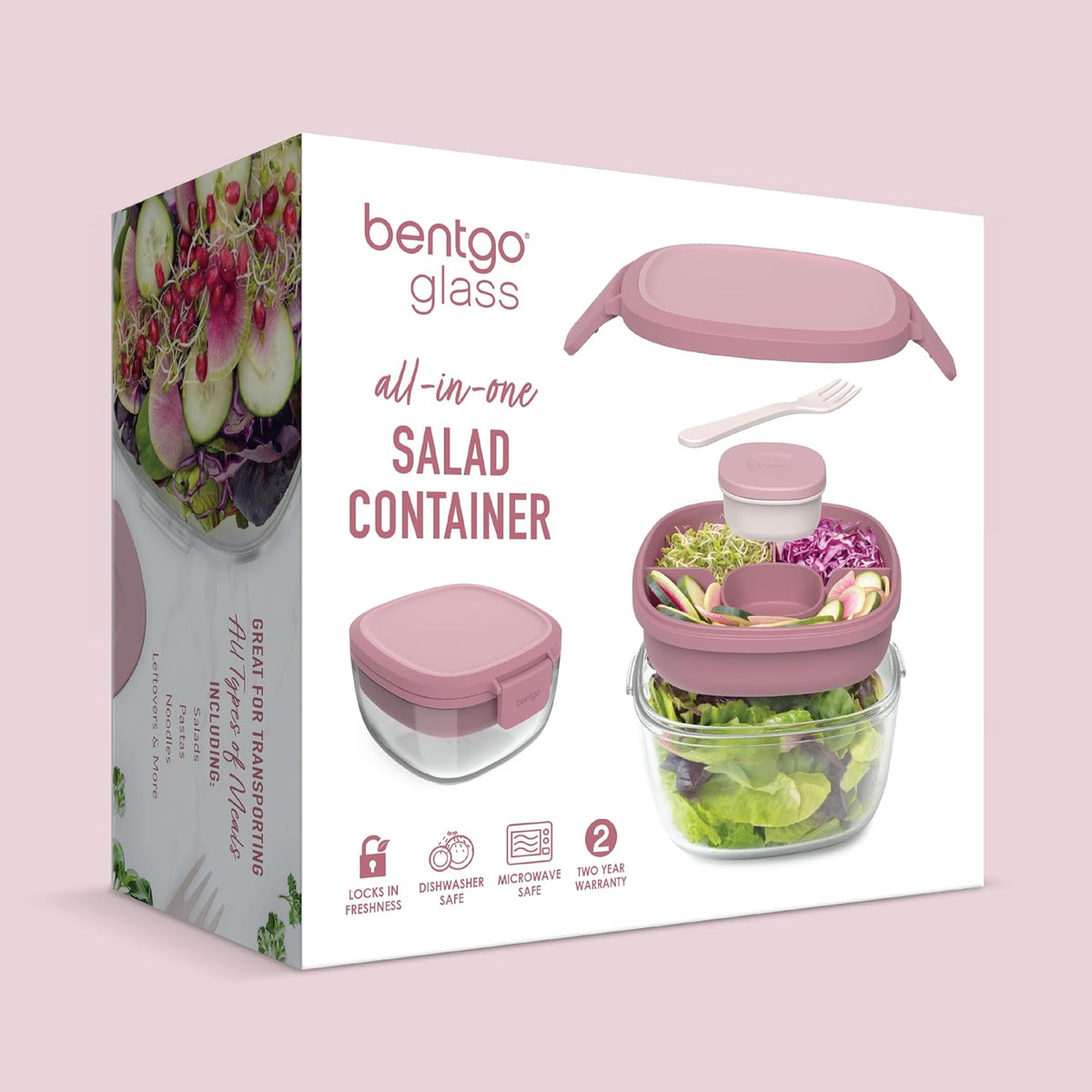 Bentgo Glass Prints Salad Container - 7.6-Cup Tinted Glass Salad Bowl with Airtight Lid, Leak-Proof Sauce Container, 4-Compartment Bento Meal Prep Tray & Reusable Fork (Floral Maximalist - Sea)