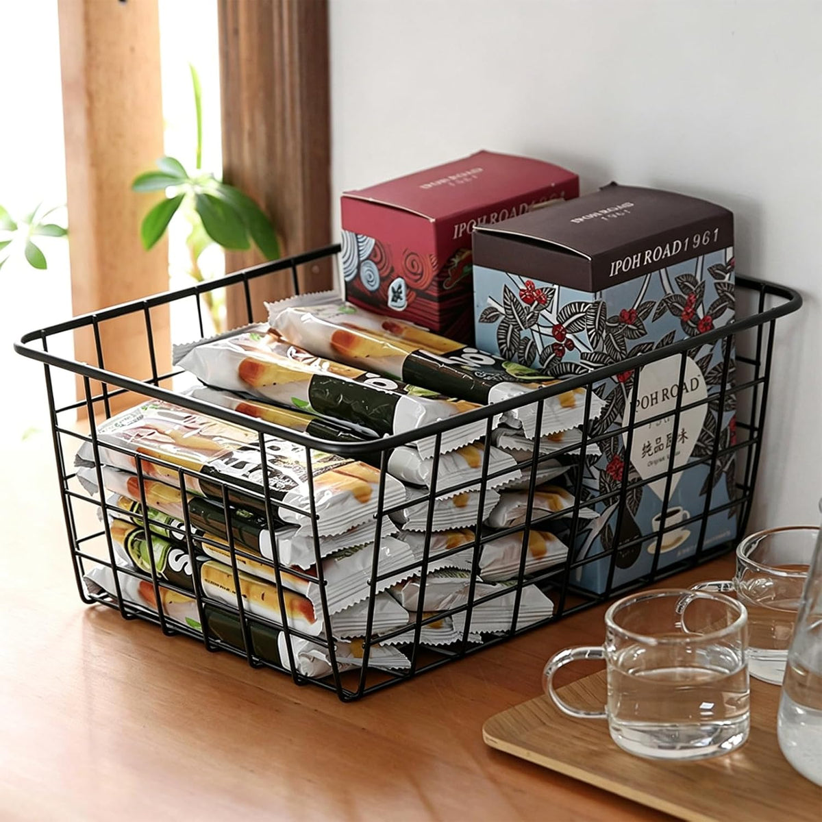 4 Pack White Wire Baskets for Pantry, 11" Upright Wire Freezer Storage Bins with Handles, Small White Metal Storage Basket for Freezer Organizing Office Kitchen Closets