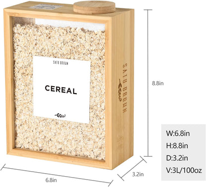 Bamboo Kitchen Cereal Containers Storage Dispenser, 3 Liter Airtight Pantry Organizers with Lid, Home Organization for Cereal, Rice, Flour, Snack, Candy Storage-1 sponge cleaning brush