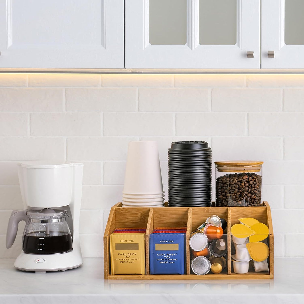 Bamboo Coffee Station Organizer for Countertop, Coffee Bar Accessories Organizer with 5 Compartments for Tea Bags Condiment, Pods, Creamer, Syrup, Cups