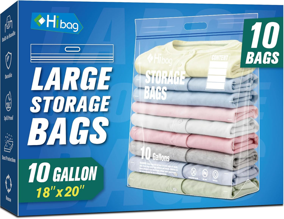 10 Gallon Zipper Storage Bags, 18” x 20” Clear Plastic Bags with Handle, Extra Large XL Zip Bags for Clothes, Pack of 5