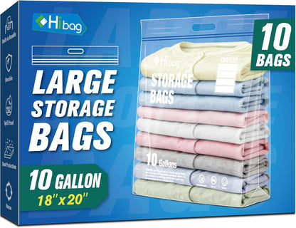 10 Gallon Zipper Storage Bags, 18” x 20” Clear Plastic Bags with Handle, Extra Large XL Zip Bags for Clothes, Pack of 5