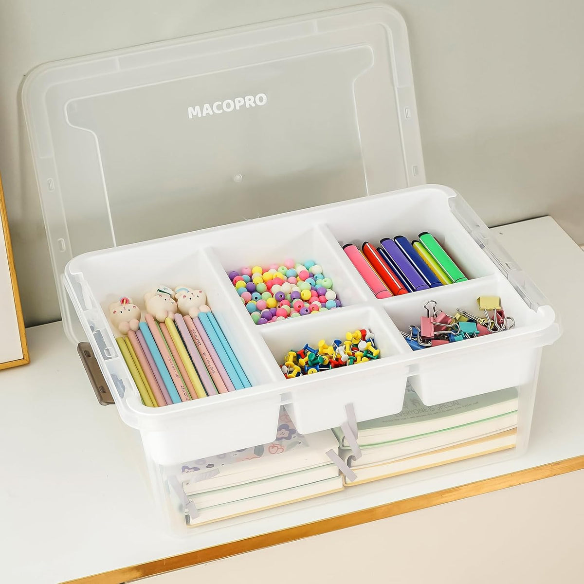 MACOPRO 17 QT Plastic Storage Box with Removable Tray, Bins with Lids, Clear Storage Container for Craft Supplies, Beads, Tools, Sewing, and Playdoh Organization (White, -17QT)