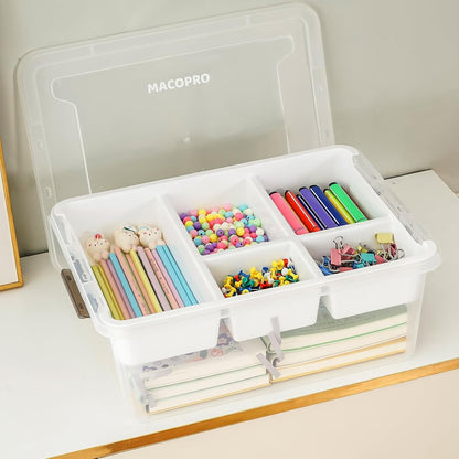 MACOPRO 17 QT Plastic Storage Box with Removable Tray, Bins with Lids, Clear Storage Container for Craft Supplies, Beads, Tools, Sewing, and Playdoh Organization (White, -17QT)