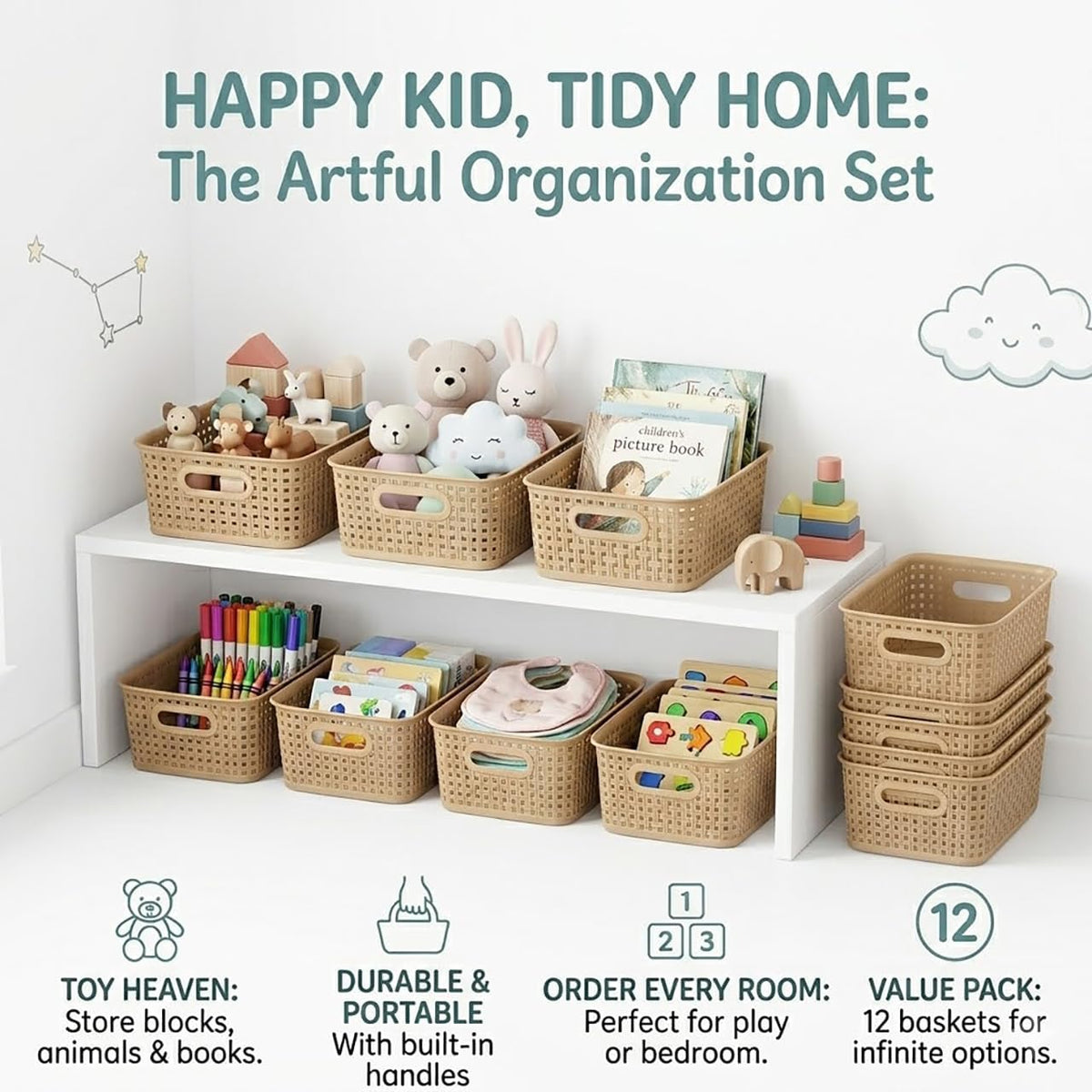 Khaki Stackable Storage Baskets, Plastic Weave Basket Organizer and Storage Set of 12, Pantry Organizing Baskets for Shelves, Kitchens, Bathrooms, Classrooms, Cabinets and Bedrooms