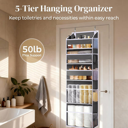 5 Tiers Over the Door Organizer with 10 Mesh Side Pockets, 44 lbs Weight Capacity Closet Hanging Storage Organizer with Large Clear Window Kids Toys, Shoes, Diapers, Beige