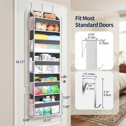 Yecaye Over the Door Organizer 5 Tiers, Heavy Duty Hanging Storage with 5 Large Clear PVC Pockets and 10 Side Pockets, 56lbs Capacity for Closet Door Bathroom Bedroom Nursery Dorm Laundry Room, Grey