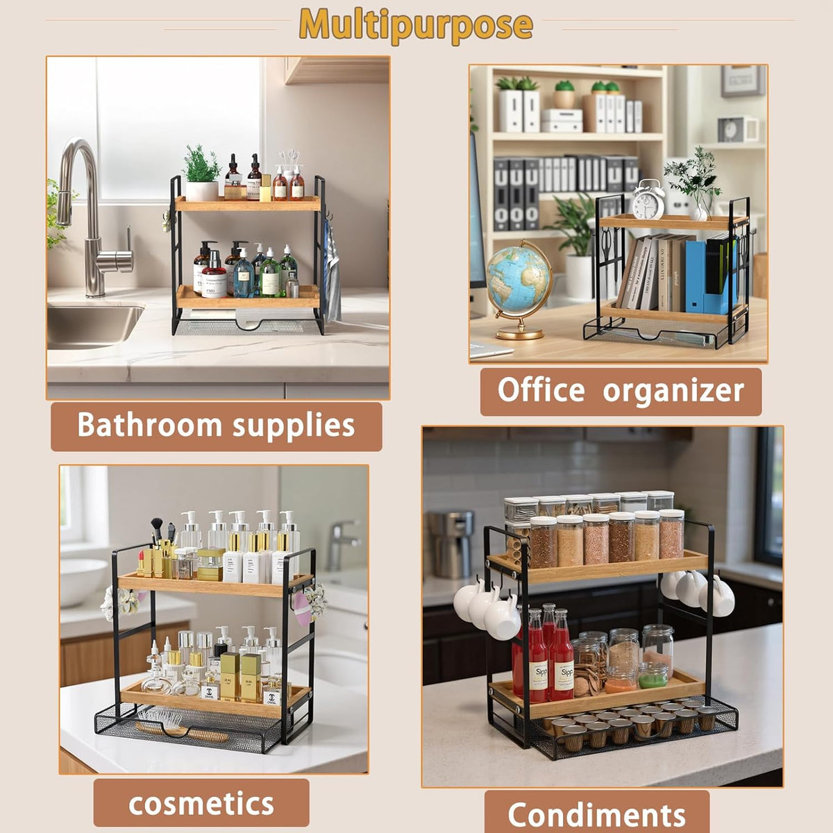 LEMIKKLE 2-Tier Coffee Bar Organizer With Basket,Wooden Counter Shelf for Coffee Bar Accessories,Kitchen Spice Rack Organizer for Countertop-Brown