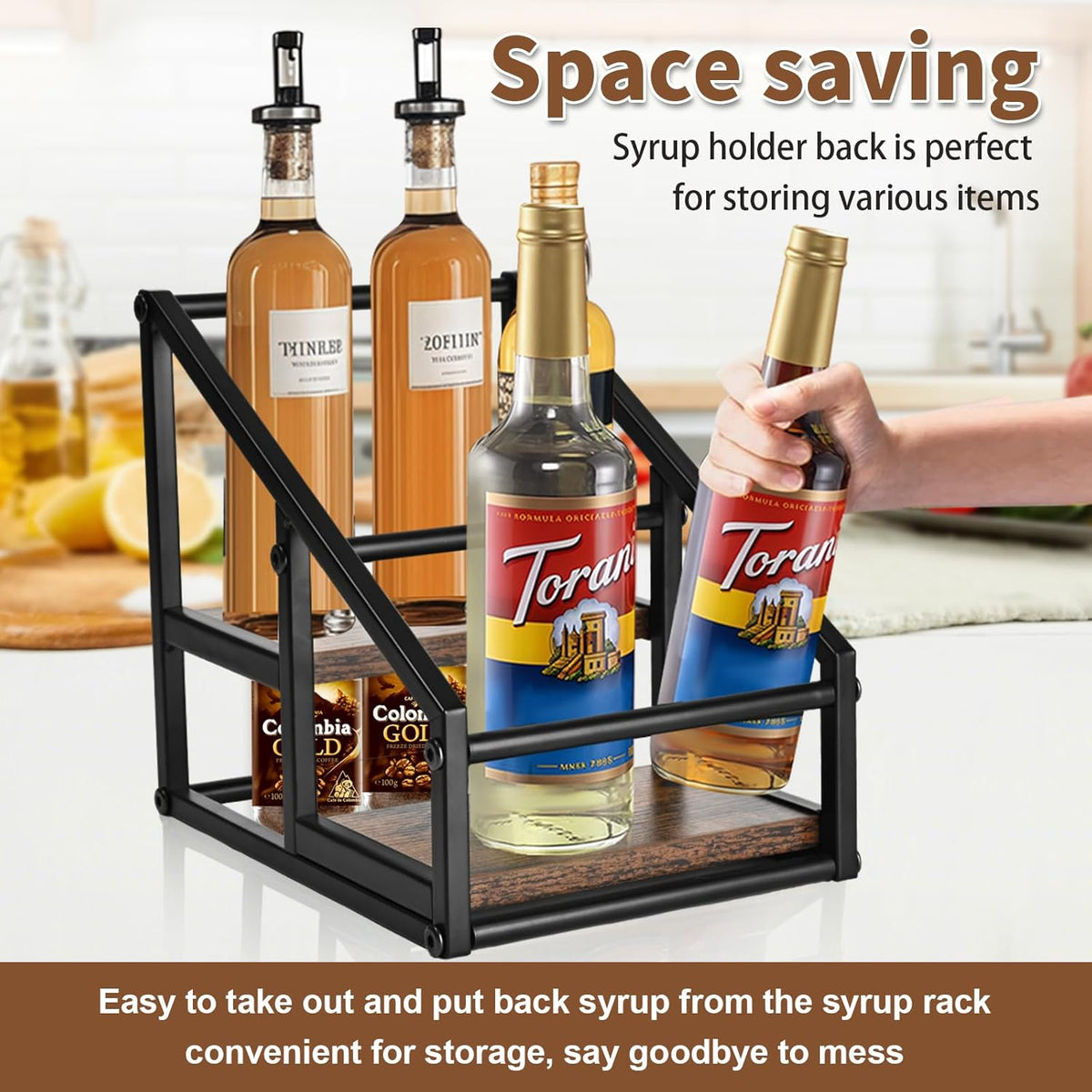 Coffee Syrup Organizer Rack, Liquor Bottle Display Shelf, Spice Racks, 4-Tier 16 Syrup Bottles Holder Stand for Coffee Bar Kitchen Small Wine Rack for Bar Family Storage for Syrup Wine Dressing