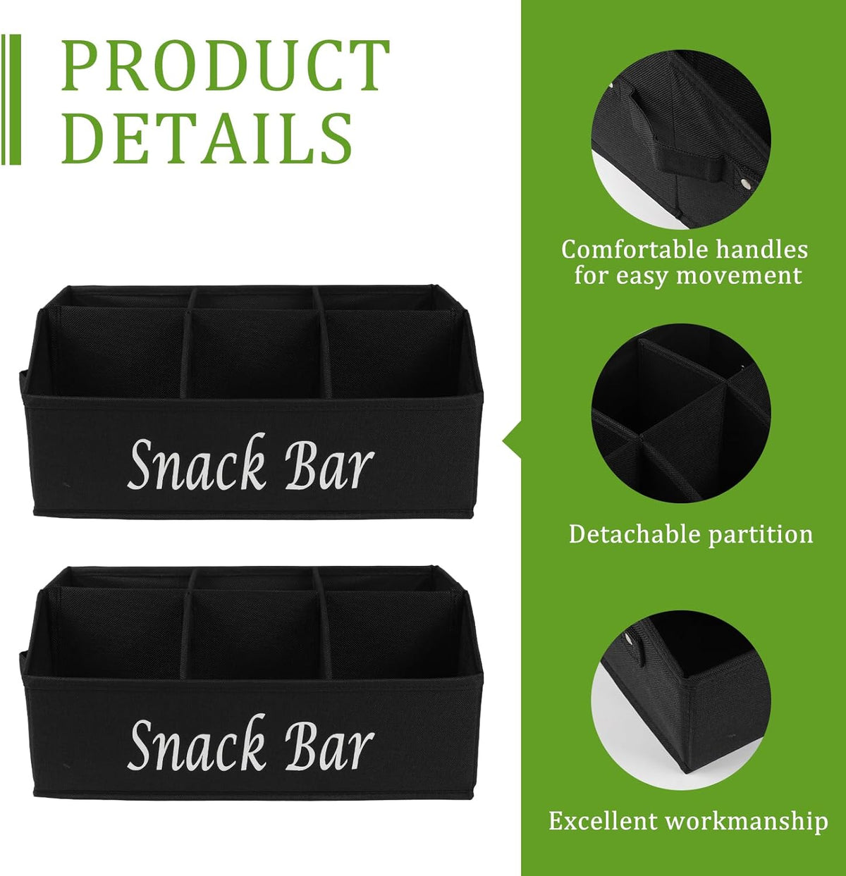 Snack Organizer for Countertop, Trapezoid Fabric Snack Bin Holder with Side Handles, 6 Compartment Snack Basket Container, Lightweight Snack Bar Station Organizer, Kitchen Pantry Storage-Black