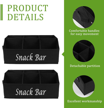 Snack Organizer for Countertop, Trapezoid Fabric Snack Bin Holder with Side Handles, 6 Compartment Snack Basket Container, Lightweight Snack Bar Station Organizer, Kitchen Pantry Storage-Black