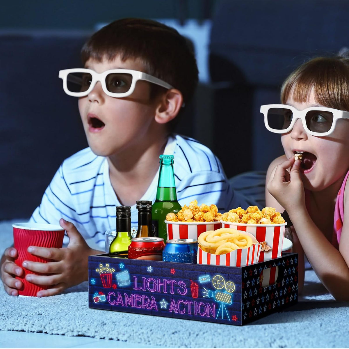 Movie Night Supplies Snack Trays with Handles Reusable Wooden Movie Gift Basket for Theater Popcorn Bucket Bowl Box Container Family Room Decor(Classic Style)