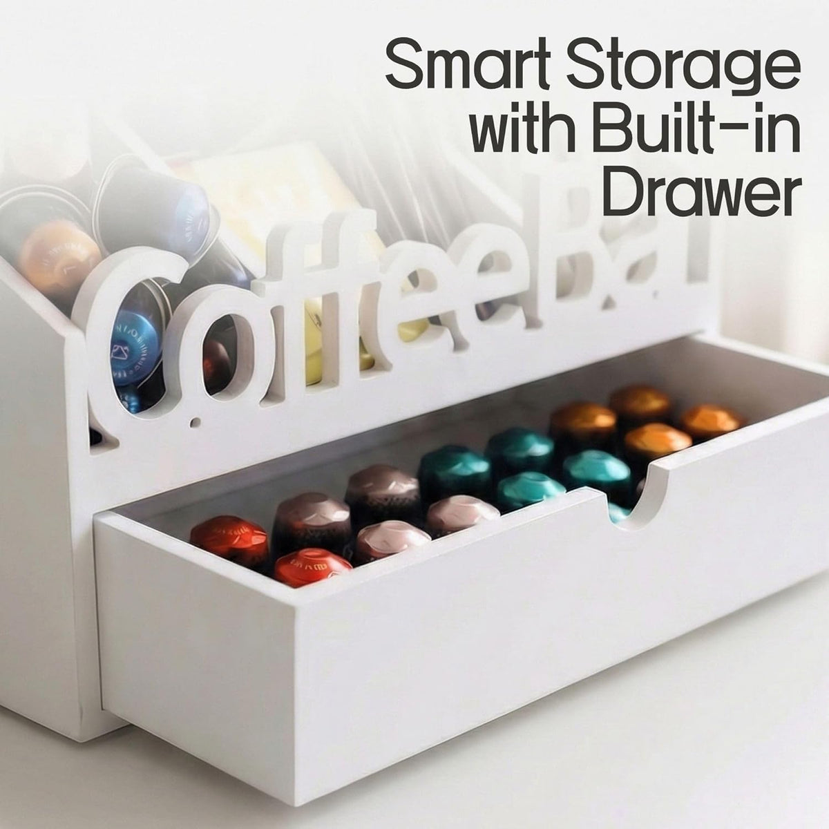Coffee Bar Organizer for Countertop – Wooden Coffee Caddy with Compartments for Pods, Sugar Packets, and Accessories – Coffee Condiment Station Storage for Home and Office (Black)