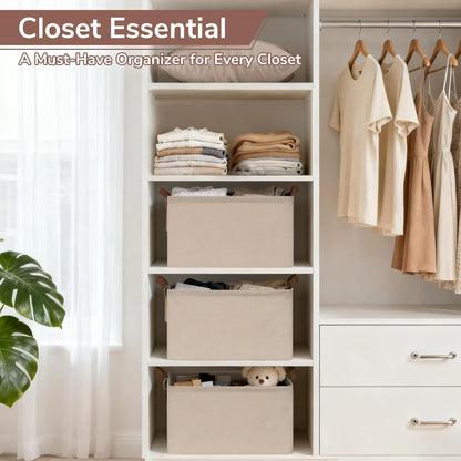 CHICVITA 4 Pack Large Storage Baskets for Shelves, Collapsible Closet Organizer Bins with Metal Frame, Fabric Storage Bins for Clothes Towels Organization, 16.8" x 11" x 9.8", Beige