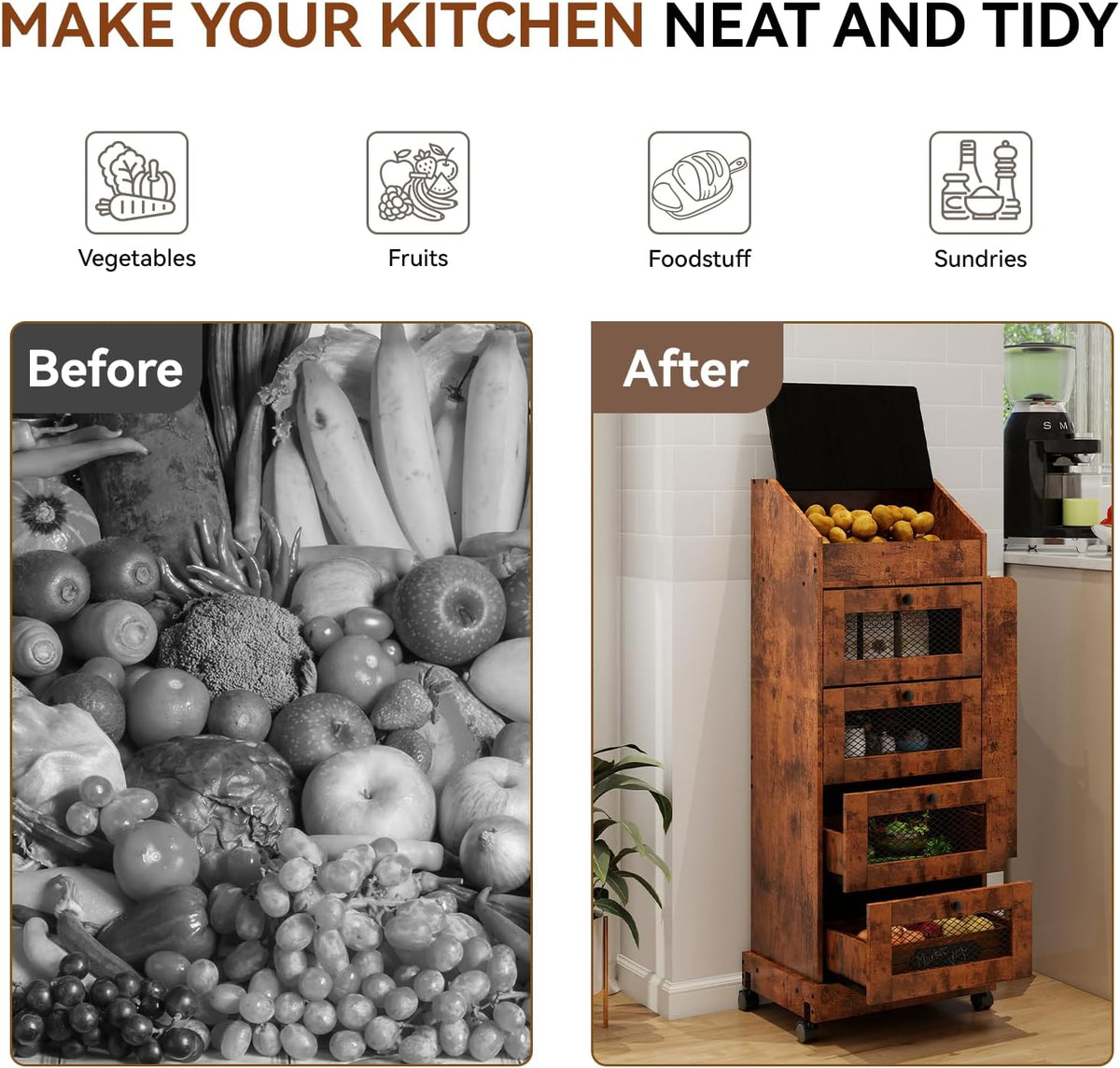 ARTETHYS Potato and Onion Storage Bin for Pantry 5-Tier Rolling Fruit and Vegetable Organizer with Spice Rack on Wheels Movable Large Bread Box Cabinet with 4 Ventilated Drawers for Kitchen, Rustic
