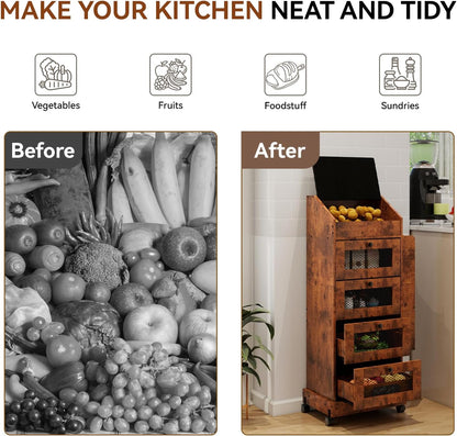 ARTETHYS Potato and Onion Storage Bin for Pantry 5-Tier Rolling Fruit and Vegetable Organizer with Spice Rack on Wheels Movable Large Bread Box Cabinet with 4 Ventilated Drawers for Kitchen, Rustic