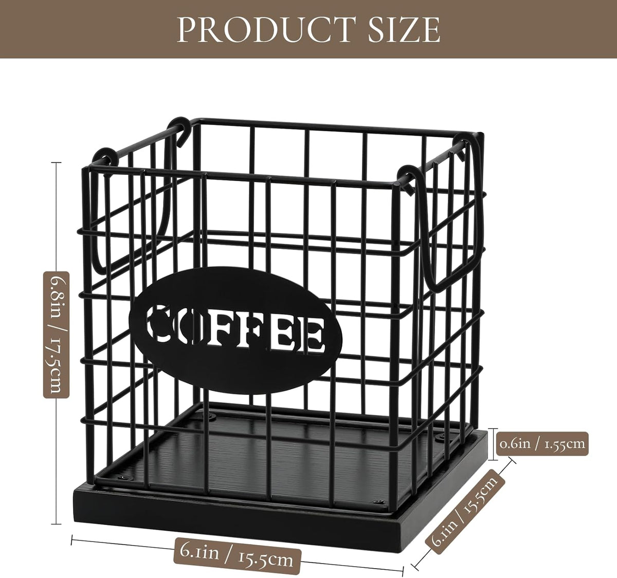 Coffee Pod Holder Organizer,Large Capacity K Cup Holder Organizer, Storage Basket for Kitchen Countertop Office Coffee Bar with Wooden Base(Rustic Brown-Square)