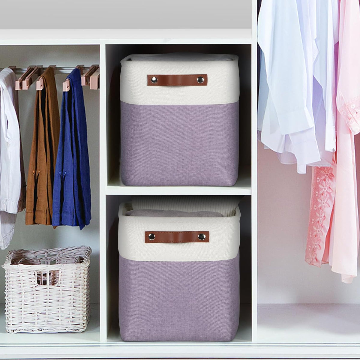 Univivi 4PC Small Fabric Storage Bins,15x6x5 inch Long Narrow Storage Baskets with PU Handles for Closet,Cabinet,Countertop Organizing Small Items (Gray,15x6x5 inch)
