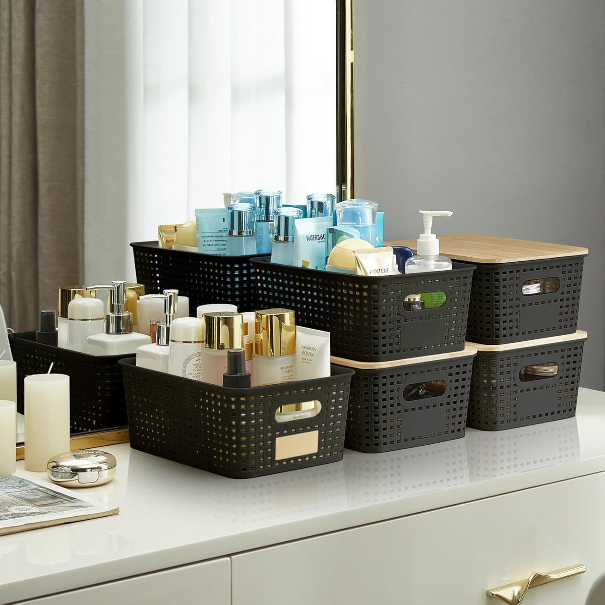 Bagnizer Small Plastic Storage Bins with Bamboo Lids 5.2qt Stackable Box Basket Pantry Decorative Containers Cute with Labels for Organizing Desktop Closet Office Cream White of 10*7.2*4.1"
