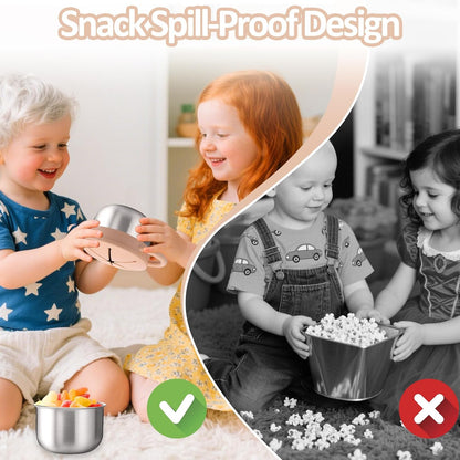 BUSOHA 2 Pack Stainless Steel Toddler Snack Cups - 9 OZ Spill-Proof Baby Snack Containers with Silicone Catcher and Lid Travel Snack Containers for Kids Food Grade Silicone Dishwasher Safe