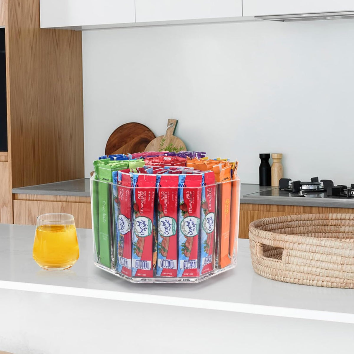 Drink Packet Organizer For Powdered Drink Mix,Powder Packet,Water Packet,Water Flavor Packet,Lazy Susan Organizer Rotating Holder for Drink Mix Necessities（Square）