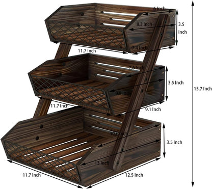 Dorhors Fruit Basket for Kitchen,Fruit Bowl,Kitchen Counter Organizer,Wooden Vegetable Holder for Countertop,Bread Storage Basket Stand(3 Tier)