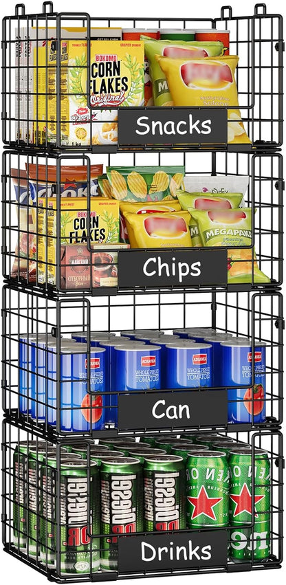 JKsmart 4 Pack XXL Stackable Wire Baskets with Handles for Pantry Storage and Organization,Fruit and Vegetable Basket with Name Plates,Metal Storage Bins for Snack Can Fruit Veggies