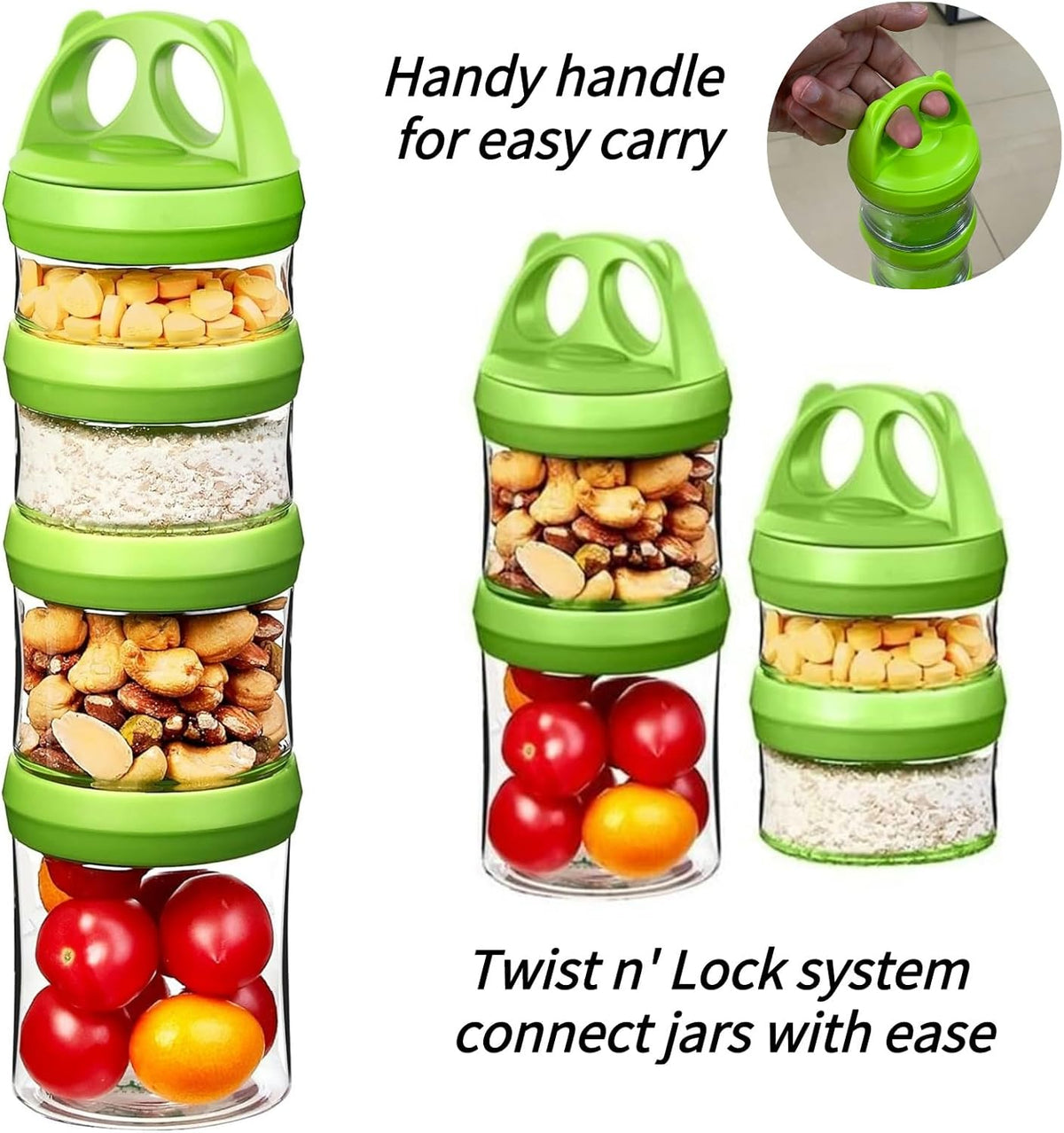 SELEWARE Portable Stackable Food Storage Containers for Snacks Formula Powder and Drinks Twist Lock System Airtight Leak-proof BPA and Phthalate Free 4 Piece Jars 31oz Blue
