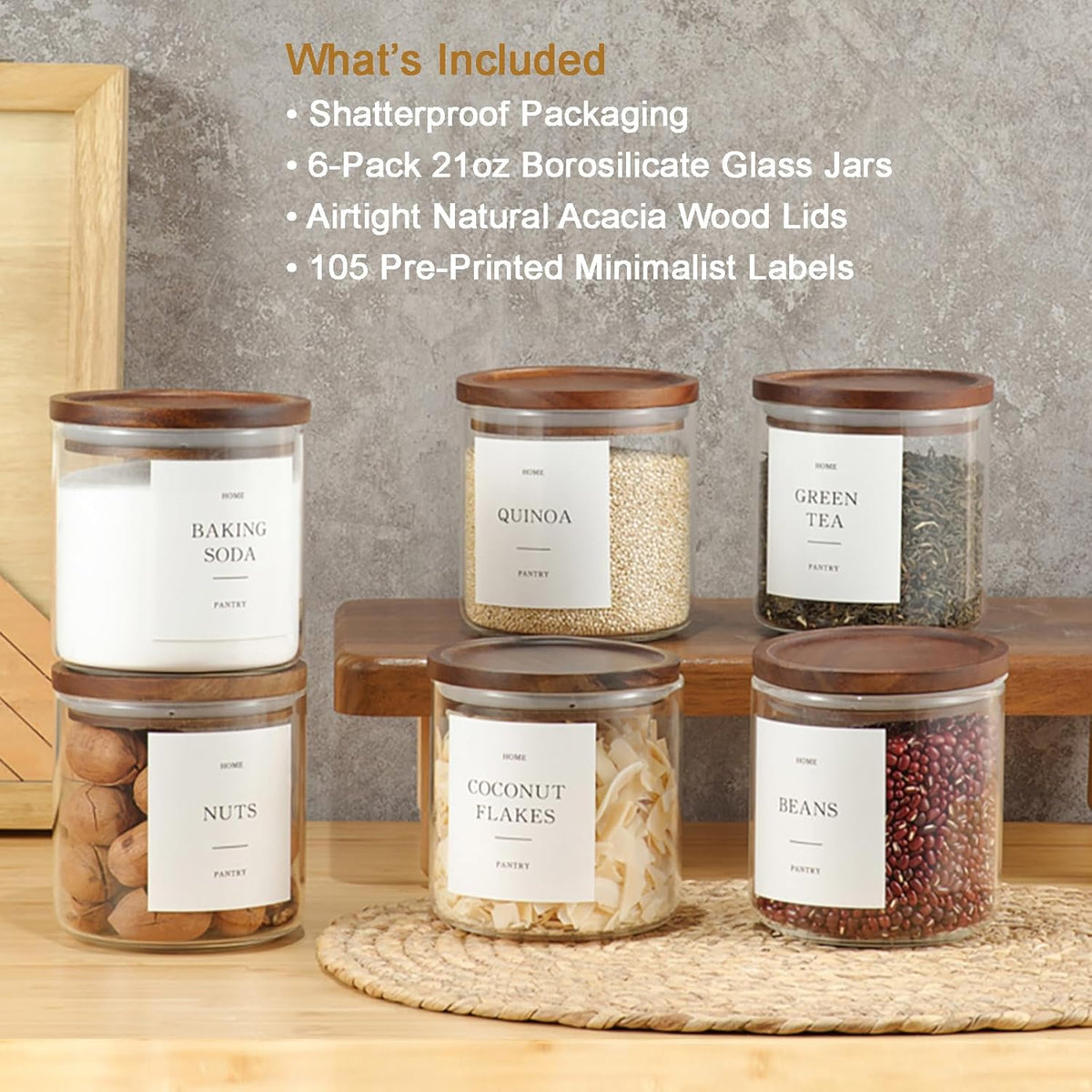 Glass Rice Containers with Acacia Wood Lids, 70oz Airtight Flour and Sugar Jars with 105 Labels, Large Glass Pantry Storage Jars for Cereal, Protein Powder, Cookies, Dry Food