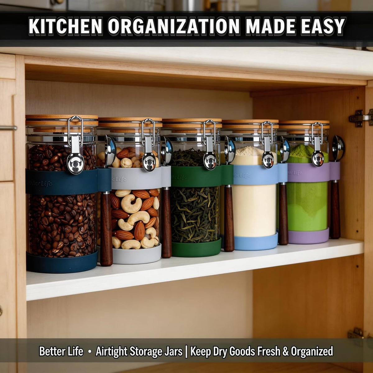 Large Glass Nuts Storage Container, Airtight Food Storage Jar with Bamboo Lid & Scoop, Keeps Nuts Crunchy & Fresh, Perfect for Pantry Organization & Storing Nuts, Almonds, Peanuts - 1.5-Quart