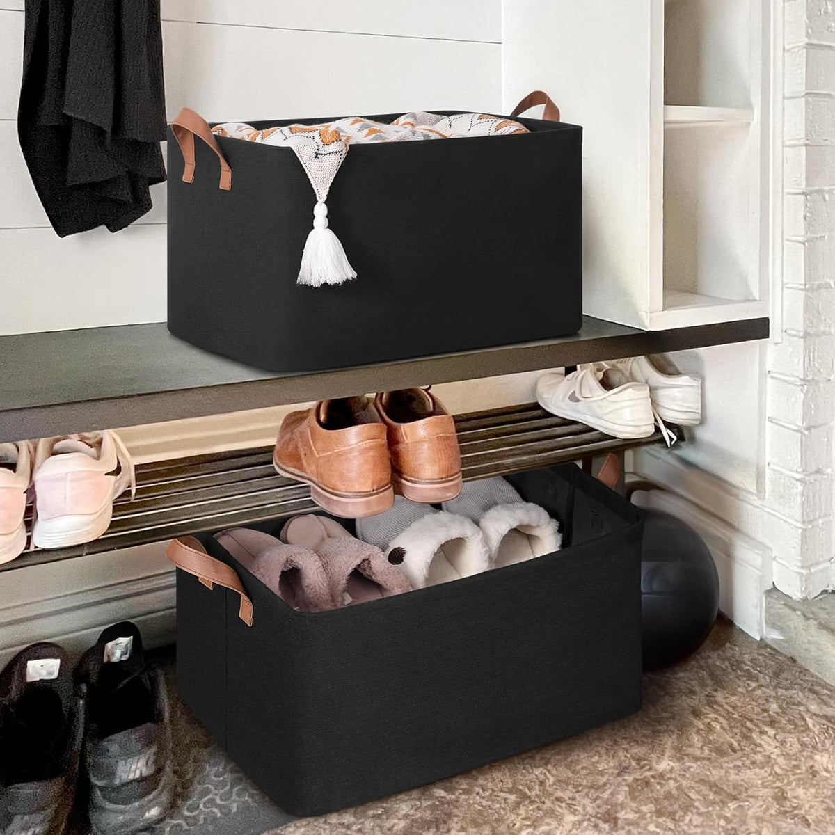 CHICVITA Large Storage Baskets for Shelves, Fabric Storage Bins with Metal Frame, Closet Organizers and Storage Boxes for Clothes Toy, Beige